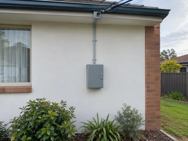 Overhead service cable and wall-mounted point-of-attachment bracket above a meter box on a brick and render house in Chisholm