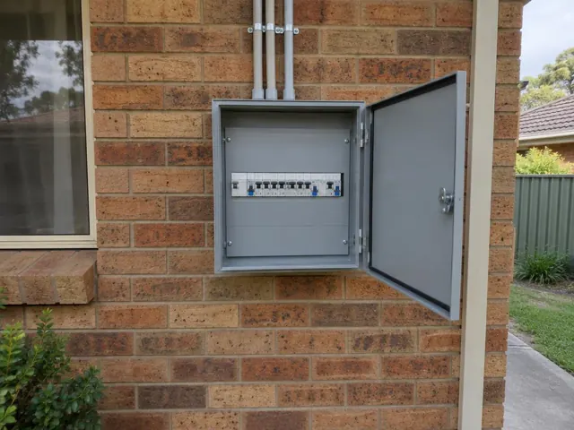 Outdoor switchboard cabinet on a brick house wall beside a window in Ashtonfield